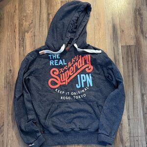 Superdry Men's Charcoal Hoodie with Red and Blue Accents